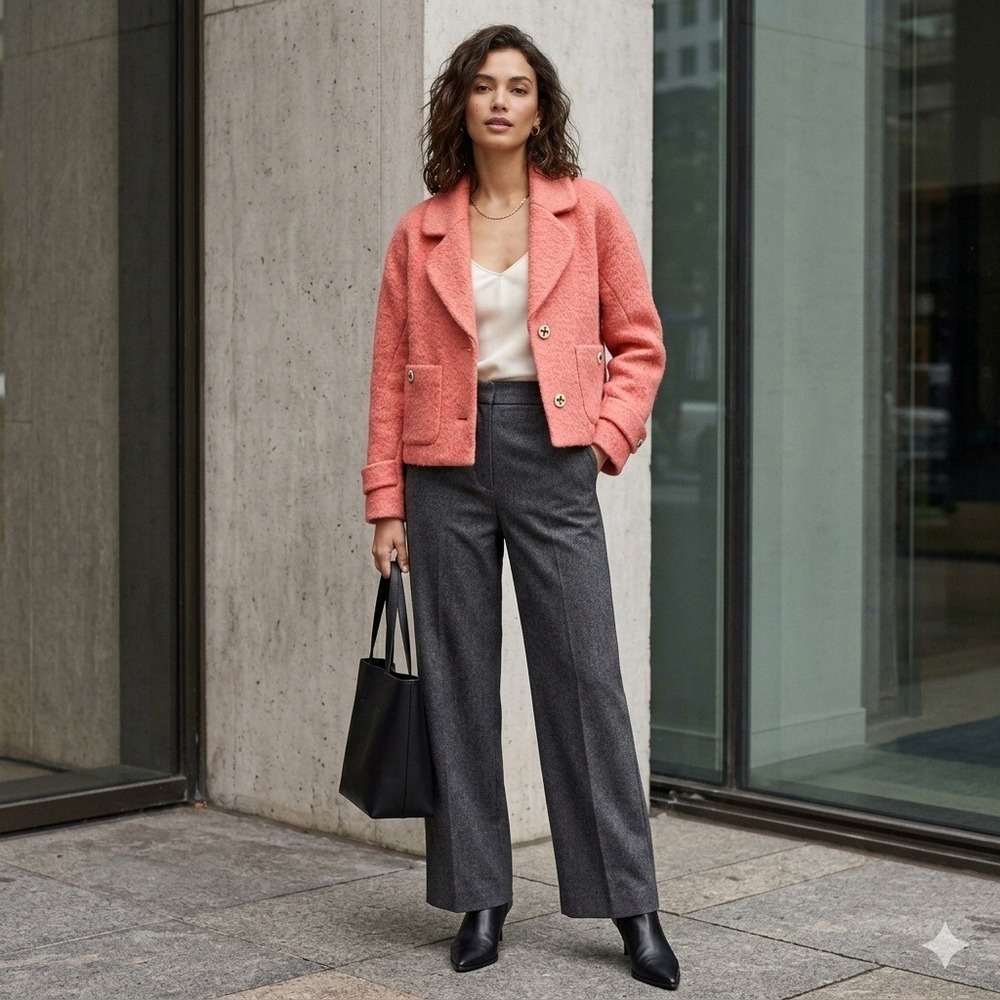 b+ab Coral Pink Wool Blend Mohair Alpaca Cropped Jacket Notch Lapel XS